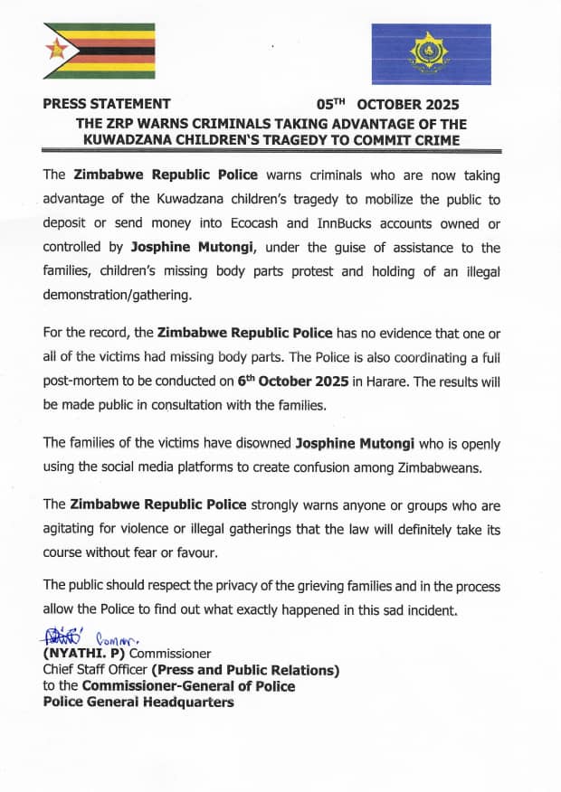 Kuwadzana Children Scammers - ZRP Press Statement Warning