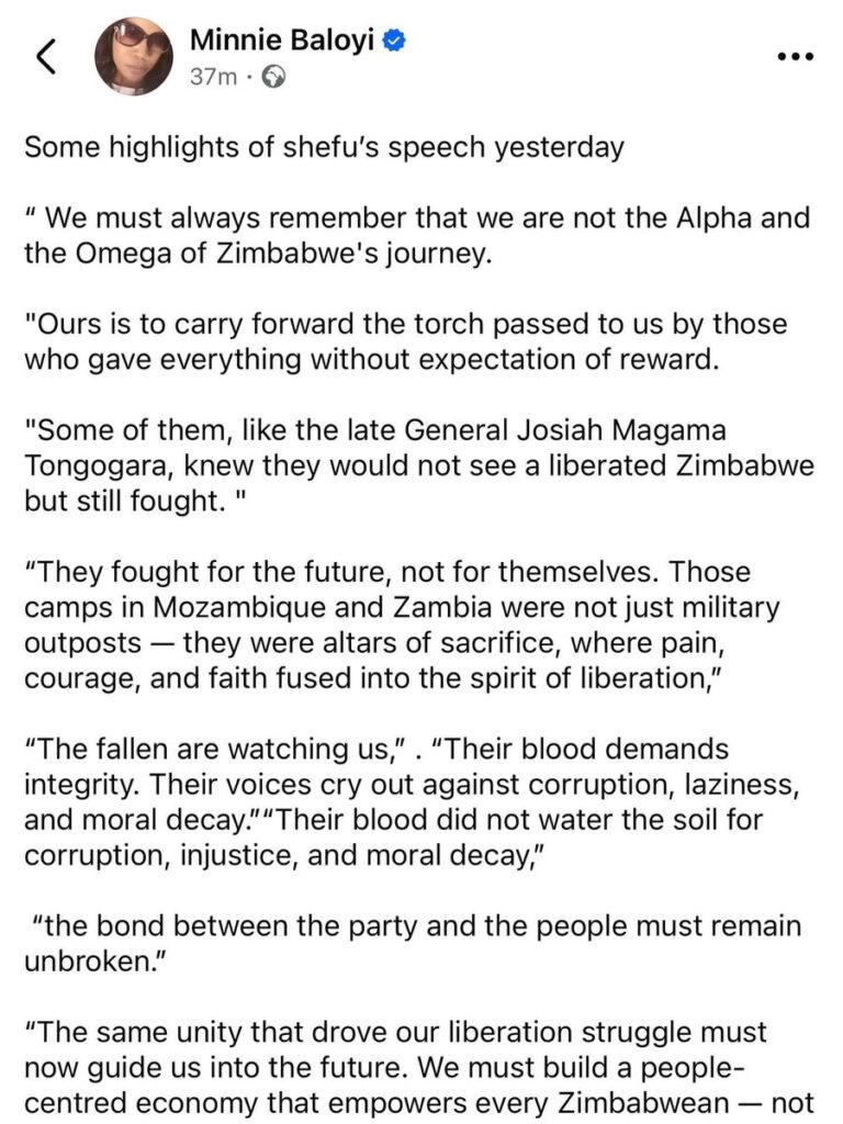 Minnie Chiwenga Facebook post with quotes from her husband's speech slamming corruption.