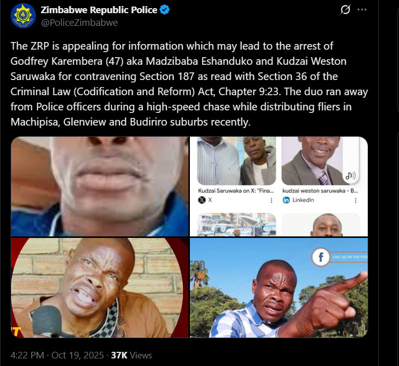 ZRP police appeal for information to arrest Madzibaba Eshanduko and Kudzai Weston Saruwaka.)