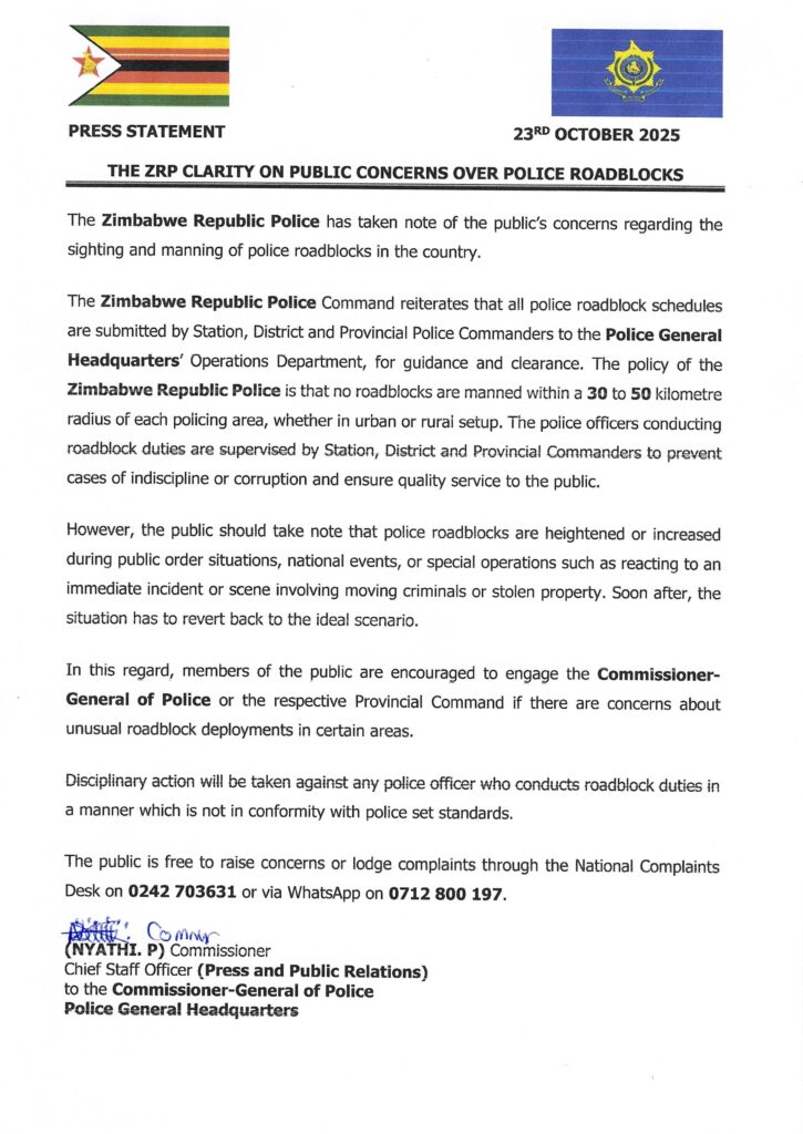 Zimbabwe Republic Police Statement on Roadblocks
