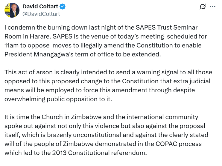 David Coltart on SAPES firebombing
Source: X