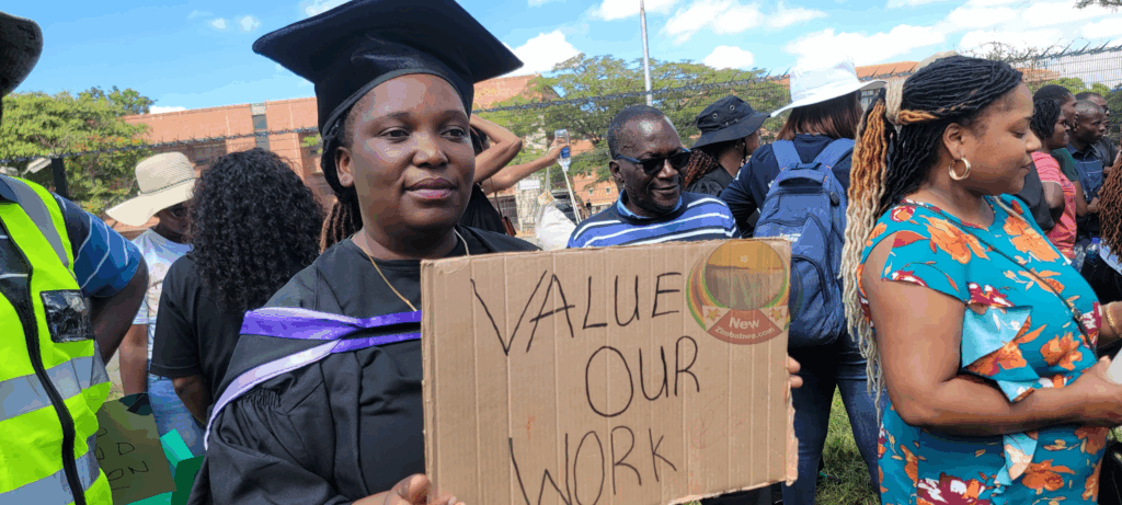 Lecturers on strike, holding placards and demonstrating towards an increase in their salaries
https://www.newsday.co.zw/local-news/article/200041146/uz-lecturers-begin-indefinite-strike