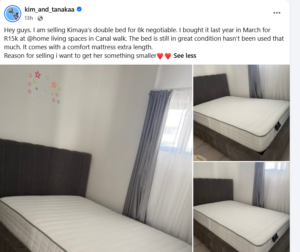 Kim and Tanaka's Facebook post advertising Kimaya's double bed for R8,000