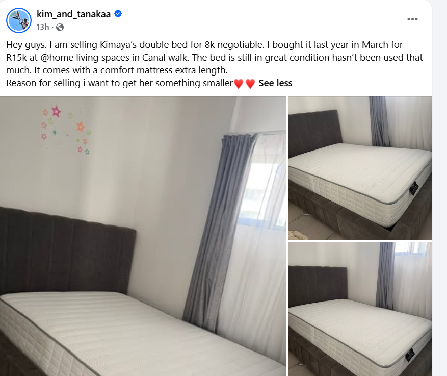 Kim and Tanaka's Facebook post advertising Kimaya's double bed for R8,000